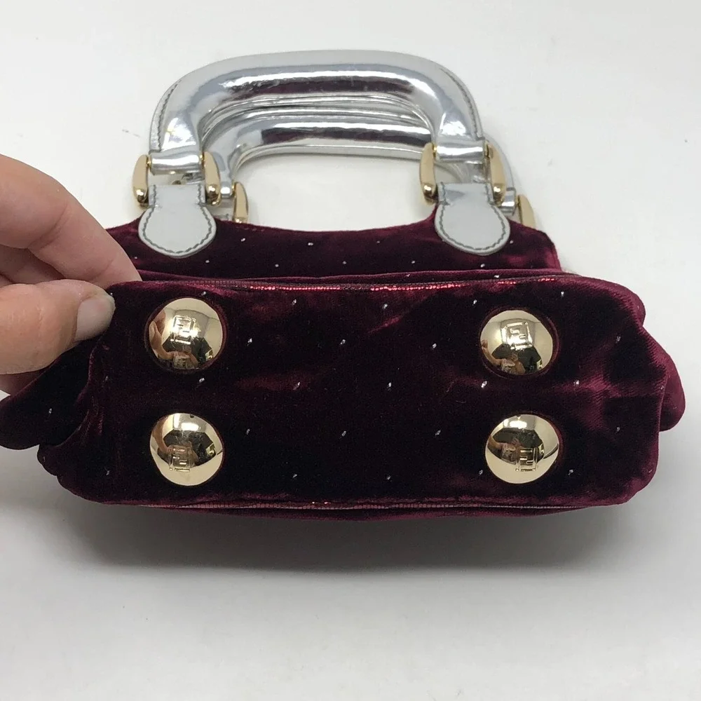 Fendi Velvet Handbag Small Burgundy‎ Red Needlepoint Chunky Handle Whimsigoth